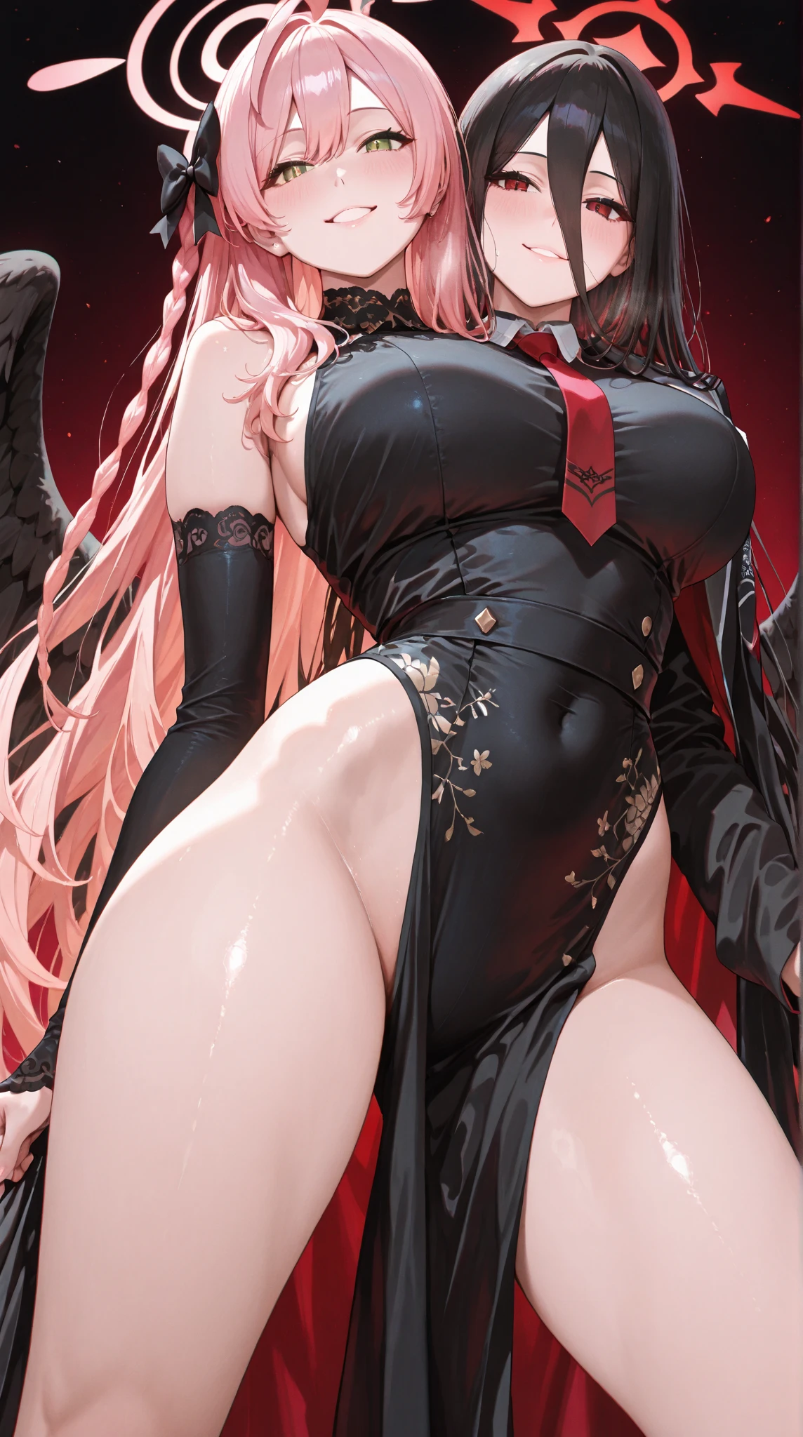 Arachne naked conjoined punk girl with eight legs, four heads and three huge fake boobs and full red eyes