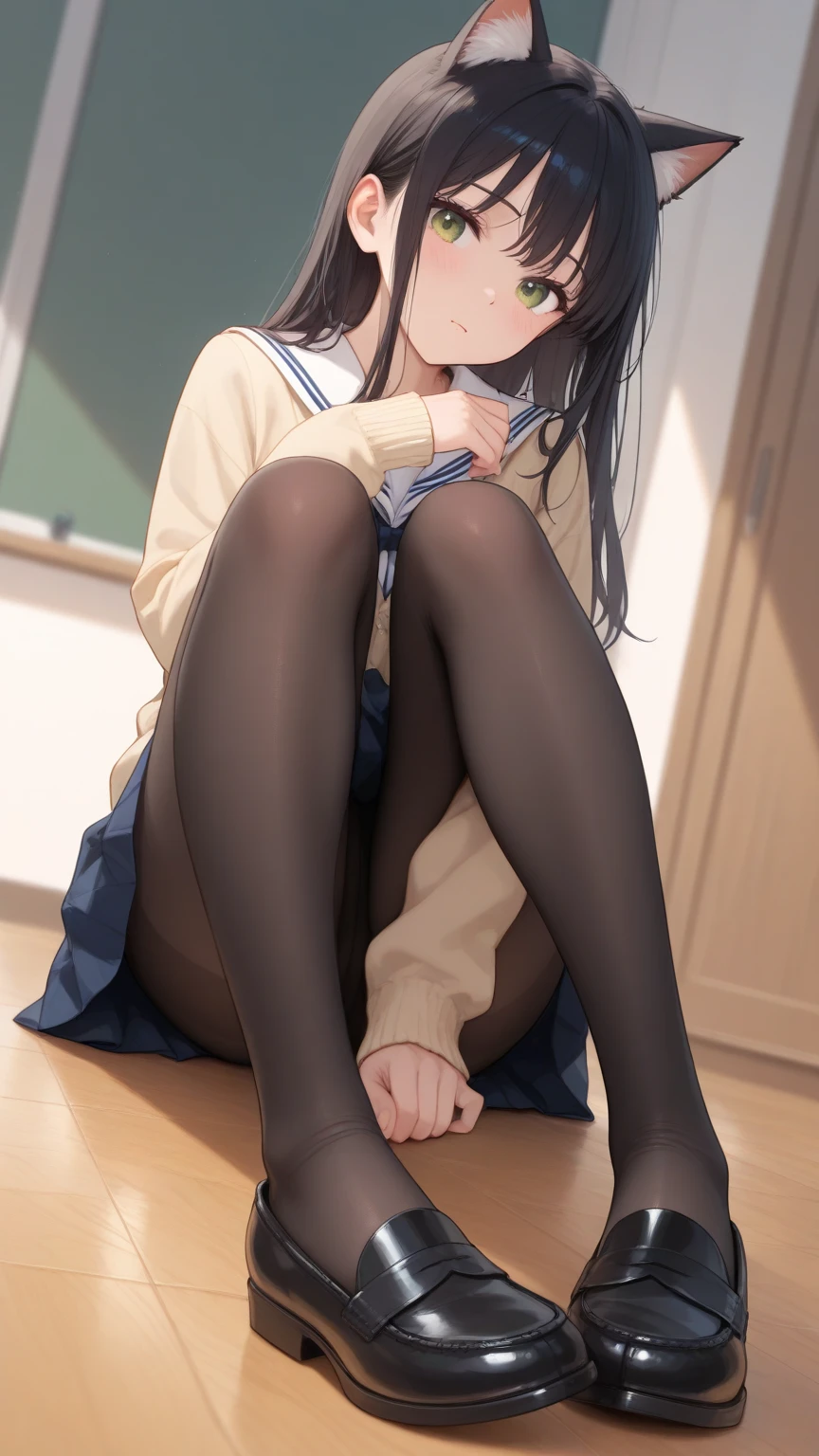 ((Correct Anatomy)),((Lace panties)),((high school girl)),((school uniform)),(((Pleated mini skirt))), ((White blouse)),((Beautiful legs)),((Beautiful feet)),((Correct Anatomy)),((Crouching on the stairs)),Ultra-high resolution, Mature Woman, Mature Woman, Very detailed, ((Big Tits)), Perfect hands, Detailed fingers, Beautiful details, (((Black knee-high socks))),((Long Hair)),((ponytail)),((Beautiful feet)),Black choker, Earrings,loafers,(Black Pantyhose), (Black Stockings),Perfect Eyes, Seductive eyes,School stairs
