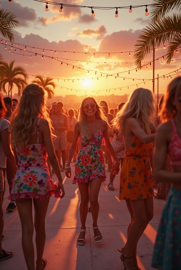 I'm taking photos for a new concept album. Create a concept photo of a girl group having fun on the beach during a night party