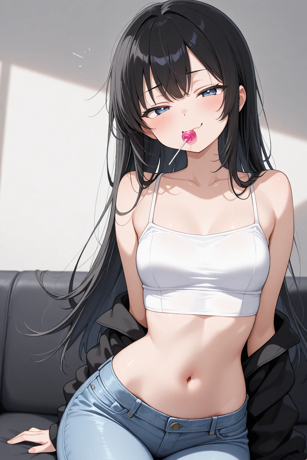 (masterpiece、highest quality、Super detailed)、One girl、Black Hair、Mullet hairstyle、Grey Eyes、Earrings、evil smile、Moderate chest、((black camisole))、belly button、denim pants、Cowboy Shot、Bedroom Background