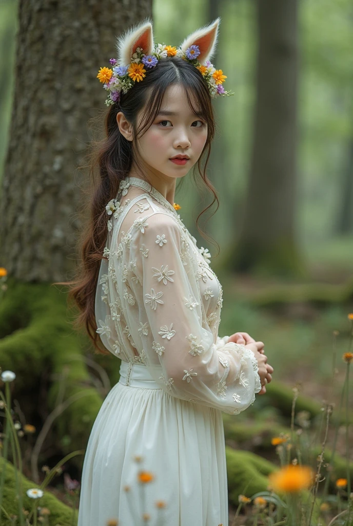 dal, (realistic:1.3), (intricate detail:1.2), 1girl, solo, long_hair, bangs, brown_hair, long_sleeves, dress, one_eye_closed, food, hand_up, white_dress, fruit, plant, arm_behind_back, branch, vines,