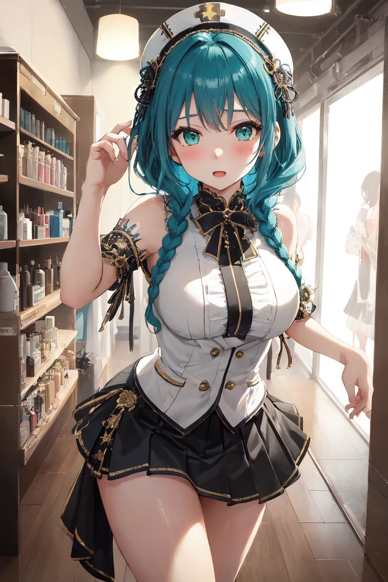 (masterpiece:1.2, highest quality), (realistic, photorealistic:1.4), beautiful illustrations,
looking at the viewer, whole body, Front view:0.6,
1 female, Japanese, ((light blue hair:1.5, twin tails:1.5)), blown hair, bangs, hair between eyes, ((height: 167 cm, C cup elastic breasts, thin waist, peach butt))
beautiful hair, beautiful face, beautiful and detailed eyes, (yellow eyes:1.3), beautiful clavicle, beautiful body, beautiful breasts, beautiful thighs, beautiful feet, beautiful fingers,
(beautiful scenery), beautiful concert stage,
((polka dot dress:1.3, detailed accessories, vest, mini skirt)), white panties,
(Are standing, lift the skirt, Grab the hem of the skirt, put your hand on your chest, open your legs:1.3),
(Look at the viewer while blushing:1.3), ((idol costume:1.5))