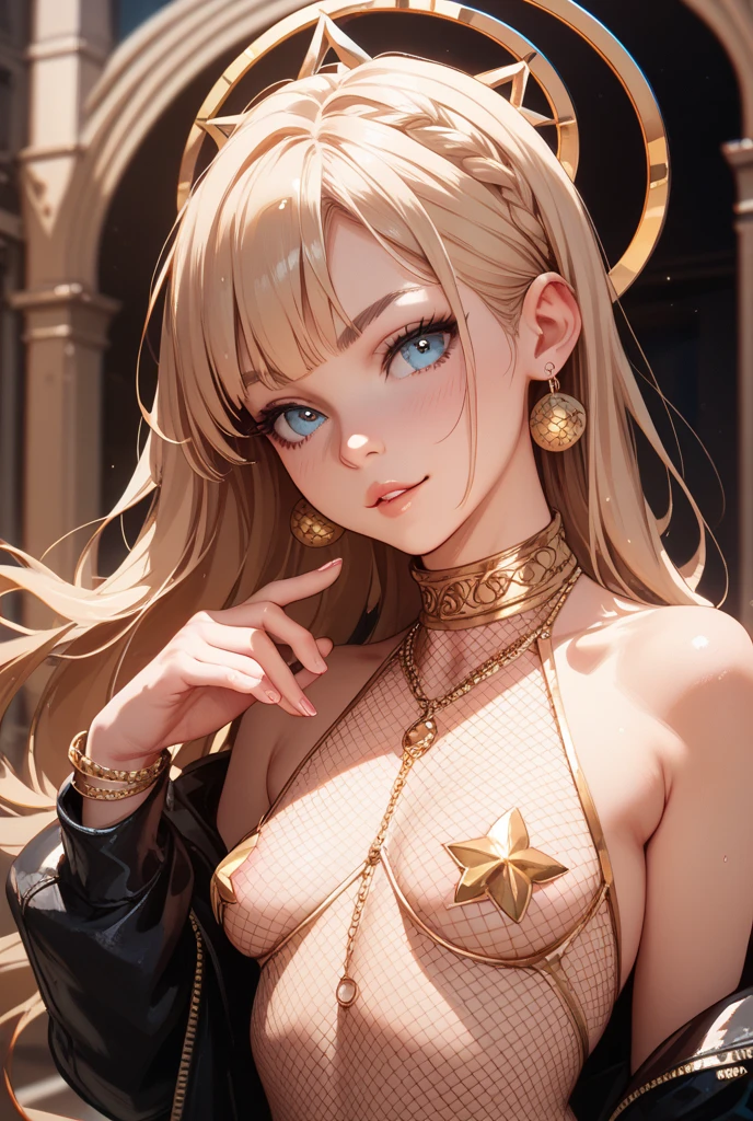 nsfw,masterpiece、highest quality、High resolution、high quality images、8K, 1 female、skin luster、skin texture、Expression of fine eyes、Shiny bright golden hair,Girl with long braided hair, realism, detailed manga style, manga art style, perfect line drawing, beautiful line drawing, digital manga art girl, beautiful blue eyes, plump lips, detailed gorgeous face, (cute smile), charm, innocent, Front view, (perfectly detailed face), (fine hands) 、photorealistic images, Depth of written boundary, Princess hairstyle, Princess、Corolla on the head  , face forward , night sky , night view ，beautiful starry sky ，beautiful starry sky , romanticism,topless、(All nude:1.5)、medium breasts、smile、blush、princess tiara、fluffy hair、gorgeous earrings、Gorgeous palace room