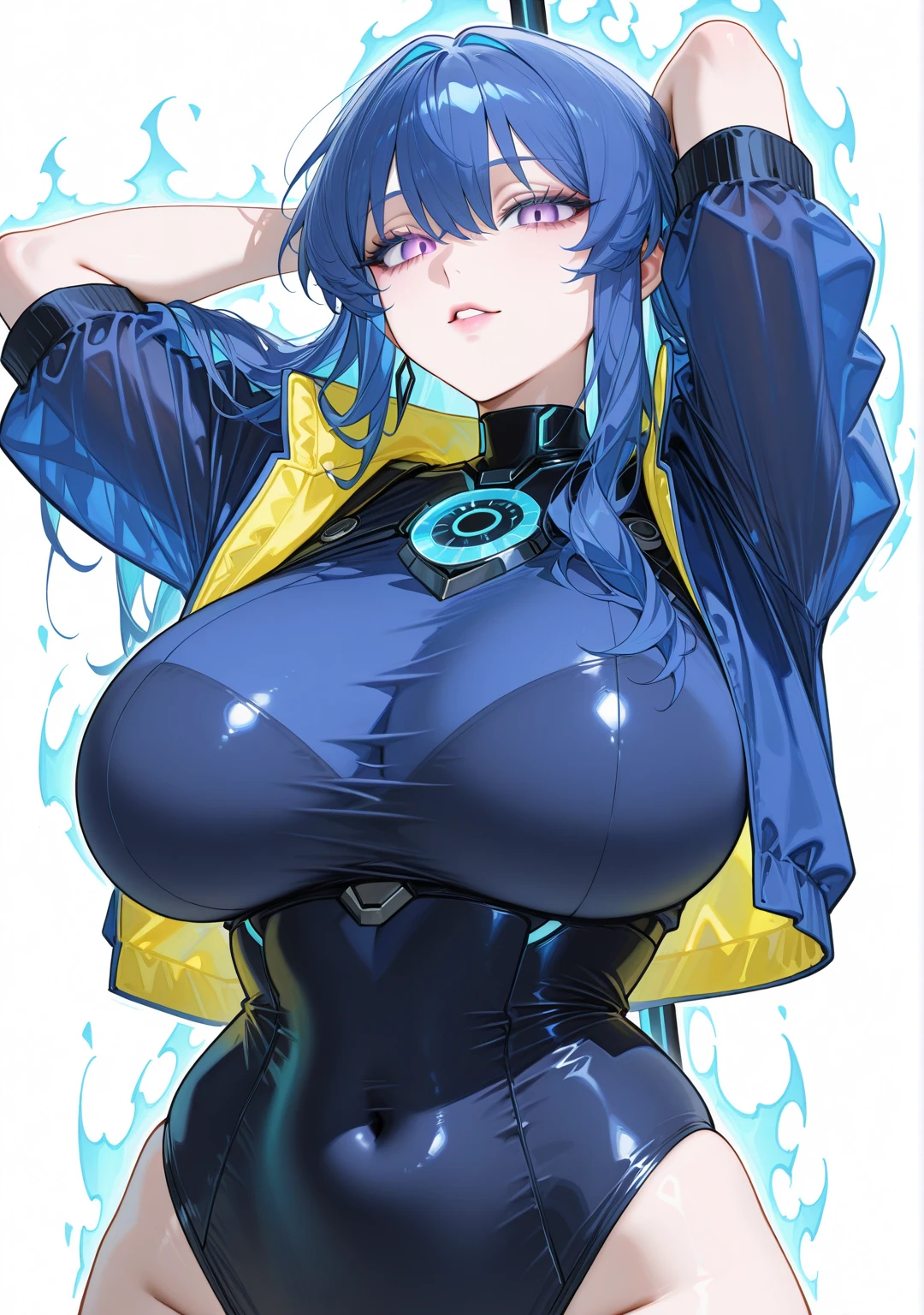 1girl, breasts, thick thighs, hourglass figure, toned, smile, light smile, blue hair, light blue hair, blue eyes, very short hair, pixie cut, shoes, sneakers, socks, ((socks)), bikini, black bikini, jacket, black jacket, open jacket, neon trim, neon, neon lights, blue trim, tech, machinery, science-fiction, futuristic, bunny ears, rabbit ears, cropped jacket, ((cropped jacket))