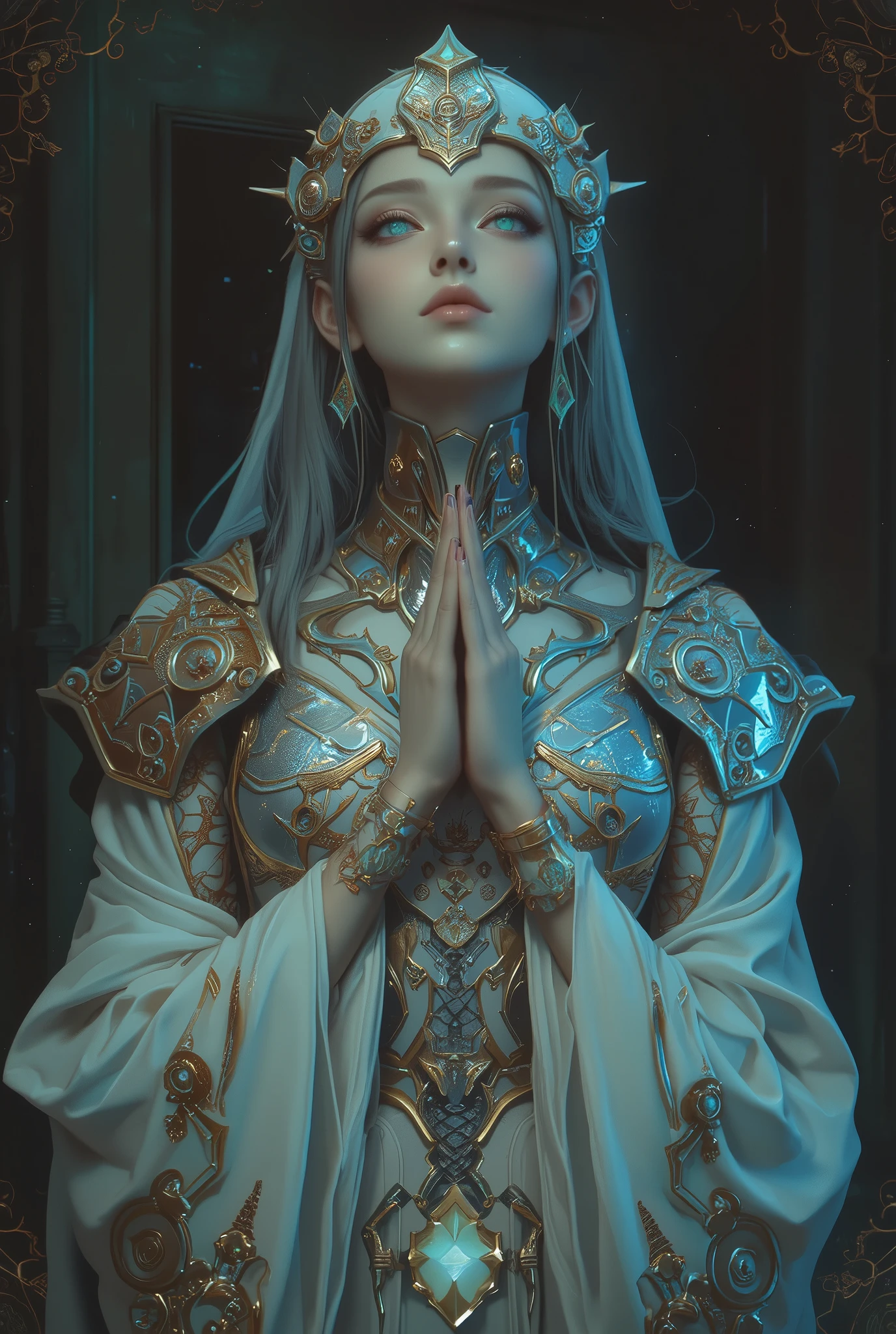 mysterious and beautiful female humanoid creature with glowing green eyes embedded in its iridescent armor, her hands are clasped together as if in prayer, elegant futuristic kimono with gold accents, monochrome color scheme, dramatic studio lighting, ultra detailed, by H. R. Giger and Yoji Shinkawa, anime style render