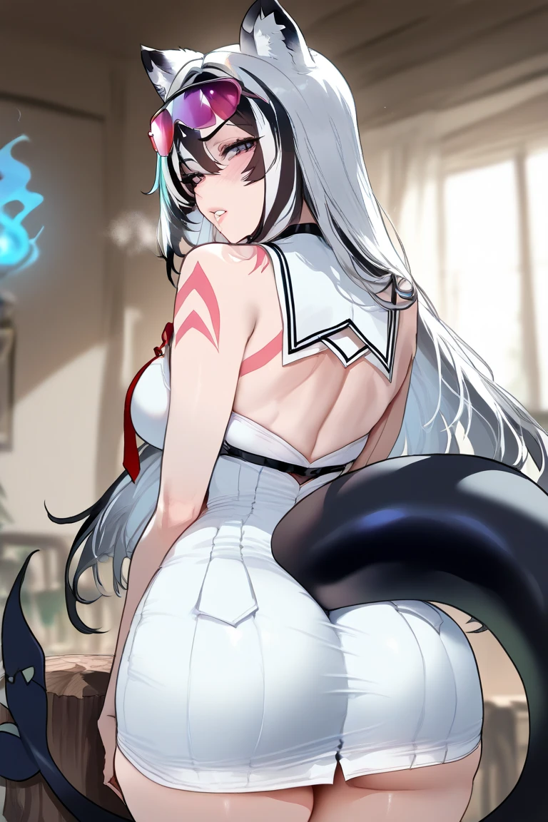 1Girl, red eyes, smile, Purple Hair, long hair, Wolf-Girl, wolf ears, white fur in wolf ears, birthday party, birthday cake, big boobs, big butt, long fluffy tail, sexy dress, ((best quality)), (detailed), perfect face, high res, ultrasharp, anime, ((masterpiece)), 8K, highres