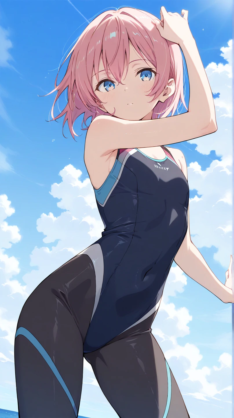 sakura haruno,Naruto\(series\),naruto shippuuden,anime art style,tmasterpiece,looking at viewert,full bodyesbian,Fighting posture,Clenched hands,Closed hands,Contracted fingers,outstretched arm,raised fist,Coming to punch,Detailed fist,Focus Fist,swimming uniform,one piece swimsuit,short detailed hair,Forehead protectors,shairband,Mummified leaf symbol on headband,1girl,独奏,By bangs,nedium breasts,Keep one's mouth shut,Elbow sleeves,eye visible through hair,Floating hair,ssee-through,greene eyes,Intake of hair,Parted bangs,with pink hair,Bigchest,V-shaped eyebrow,detailed back ground,exteriors,SakuraNS,Skysky,clouds,ventania,In the daytime,rays of sunshine,