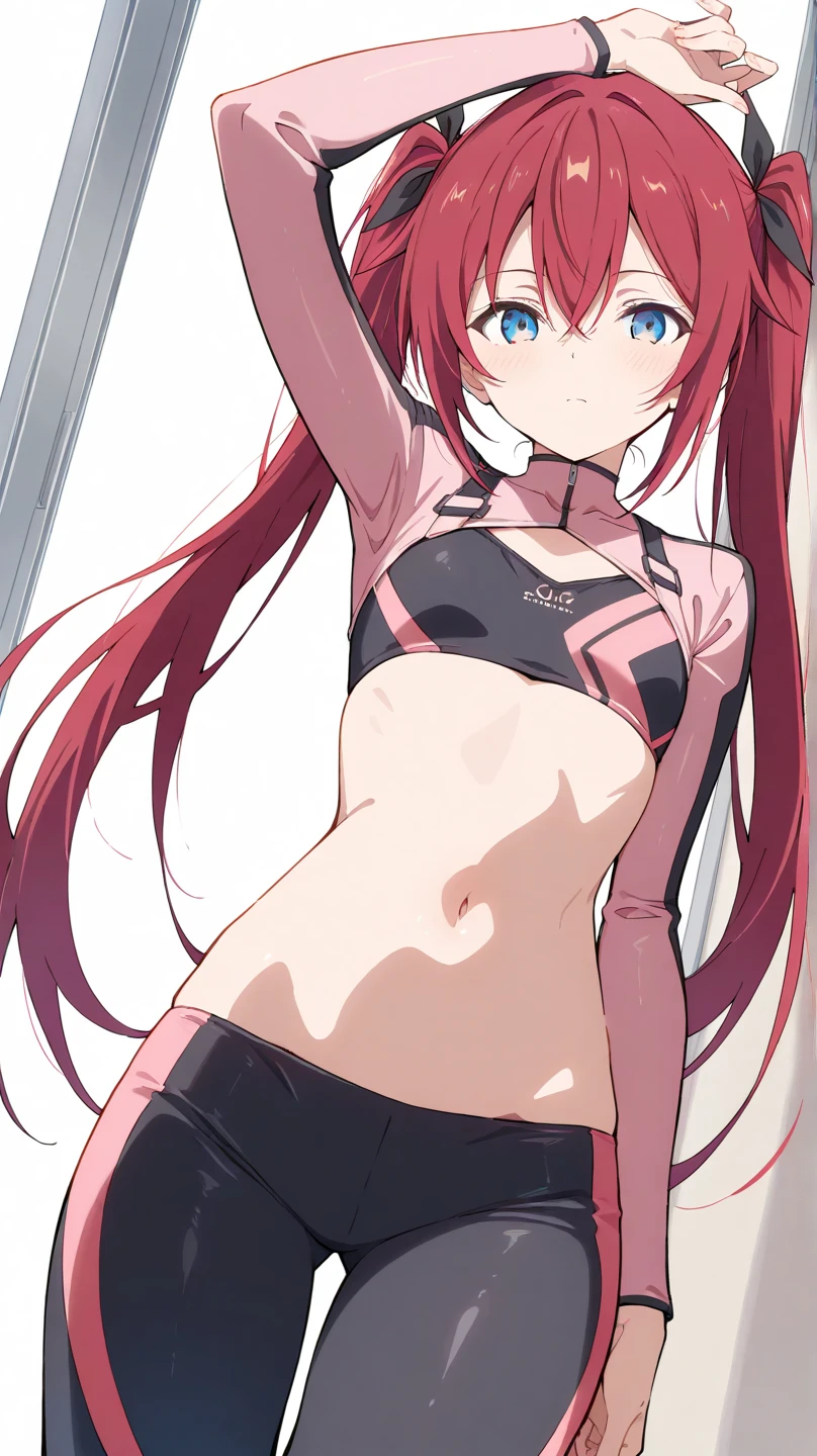 Young boxer、long pink hair、piggy back, brunette、Black sports bra and shorts、Boxing gloves、With penetrating gaze、blue eyes, Boxing posture、Waist、Boxing gym in the background, muscular belly, muscular legs