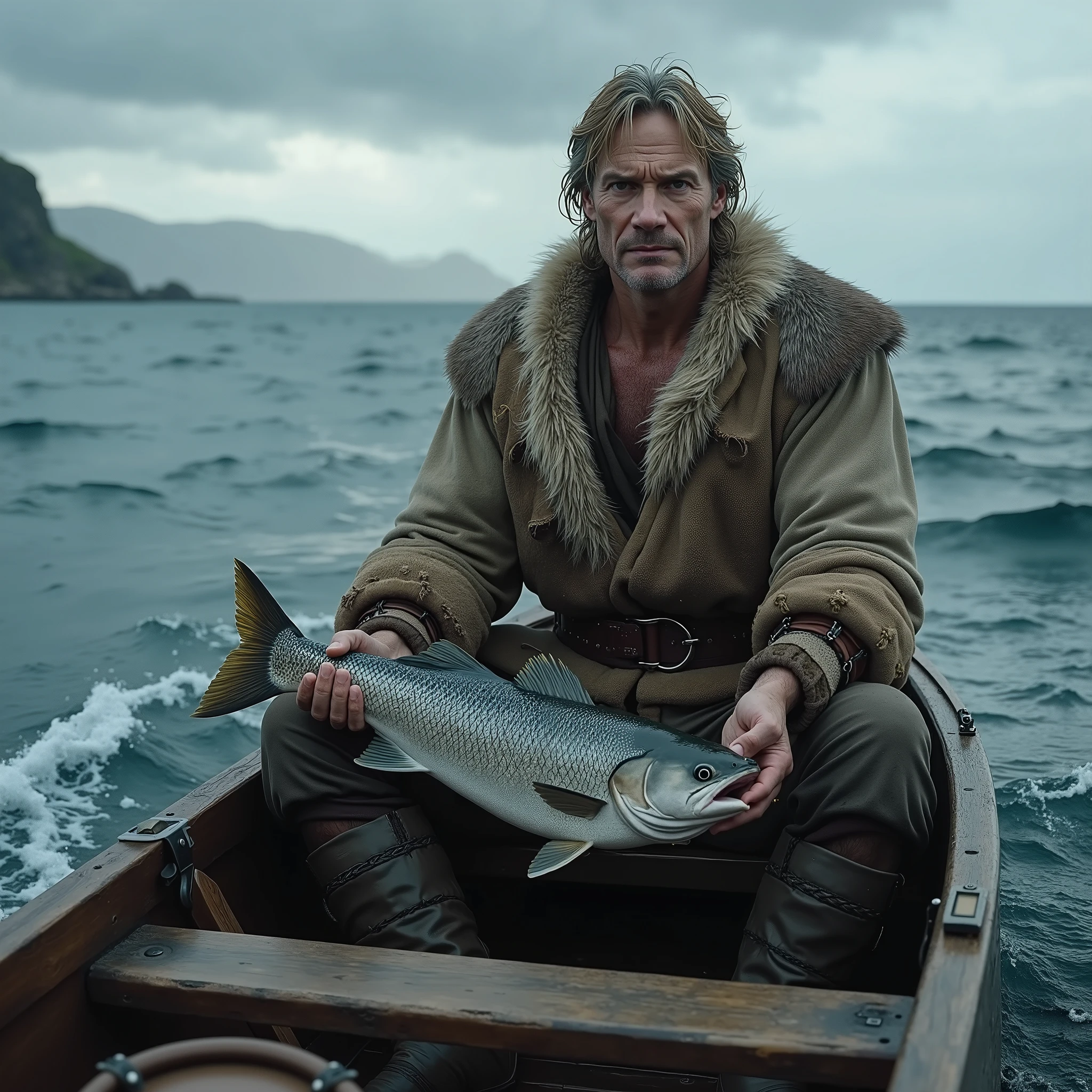 nordic medieval simple man, 45 years old, winter medieval clothing, fur coat, muscular body, curly blondie grey hair, sitting on a wooden boat holding a big fish, detailed figure portrait, realistic, photorealistic, high quality, 8K, HDR, ultra-detailed, physically-based rendering,dramatic lighting,dramatic ocean scenery,realistic wooden boat,realistic water waves,realistic fish,moody atmosphere,muted color palette,brooding skies,dramatic lighting