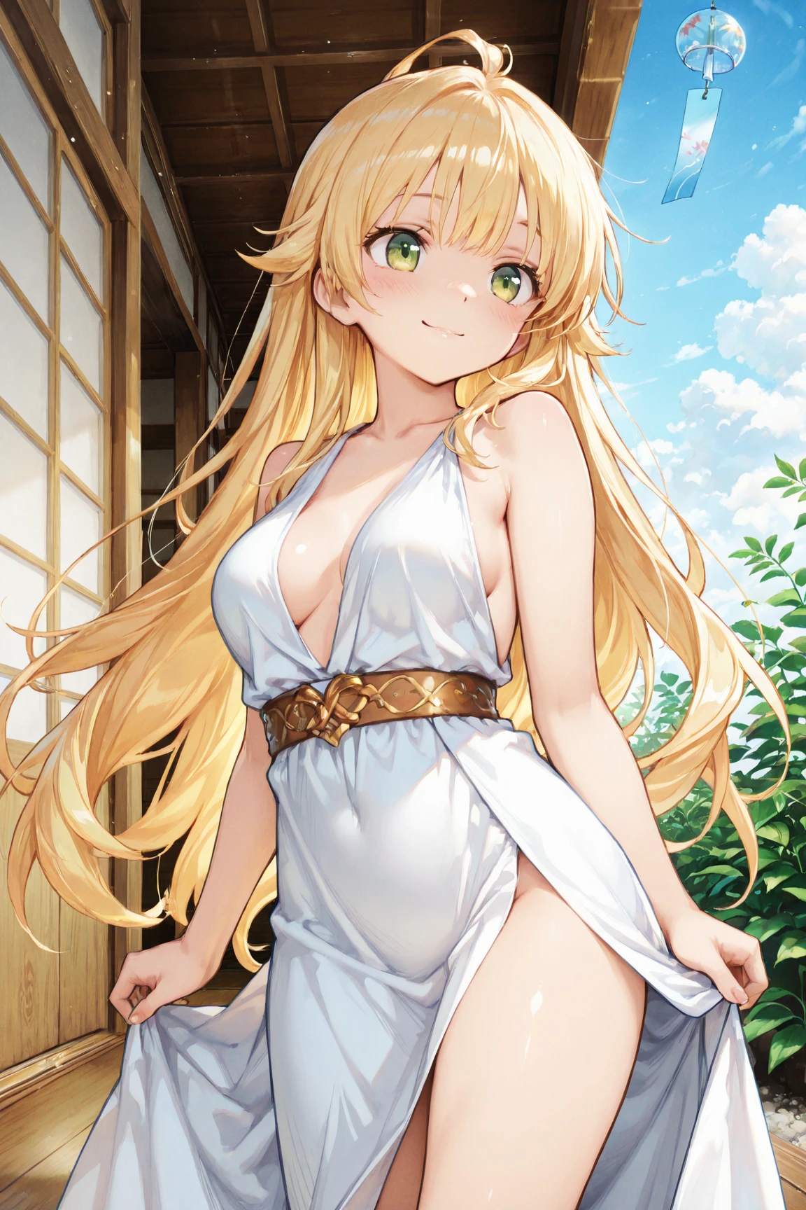 girl、high school student、Blonde、Hair that flies around、long hair、Orange eyes、Thick thighs、（（G-Cup））、Make your breasts bigger、Embarrassing、Blushing（（highest quality））、Anime Style、hot spring、Wrapped in a towel、The towel is see-through