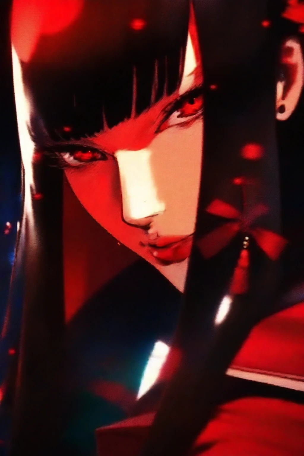 Hair ornament on left bangs,Completed_120%, completed_130%, completed_150%, Persona, Hifumi Togo, Persona 5, realistic, close-up of upper body, sideways, sharp fox eyes, almond eyes, glowing eyes, thick eyebrows, cool facial expression, lips with blood droplets, long black hair hanging down the face, gothic makeup, analogue style, 8mm film, DVD screenshot, cinematic lighting, portrait photography, snapshot, attention to detail, realistic shadows, exciting, cinematic still, crimson red angle of view, hair ornament right side hair