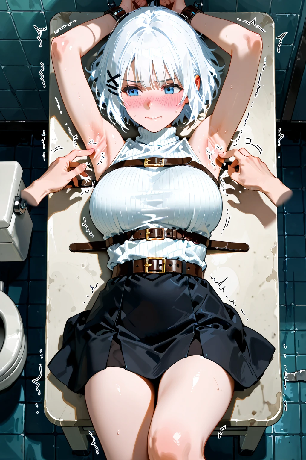 NSFW, 4k, 8k, Perfect Anatomy, Exact number of legs, Exact number of arms, masterpiece, highest quality, high quality, best quality, high detail, super detail, very detailed, detailed light, best shadow, textured skin, (Anime), (blush), happiness, peaceful, pleased, exciting, ((orgasm, love juice)), ((1girl, solo, beauty_a, long hair, blue eyes, blue hair, sidelocks, big breasts, choker)), (breast bondage, tied up, bursting), ((restrained)), (tied, shibari, tied up with rope:1.5), thighs, ((elected puffy nipples)), belly button, (in stocks pose), (arms behind back:1.5), (spread legs:1.4), (sitting on the toilet bowl:1.5), ((toilet)), (pee, peeing, piss:1.3)