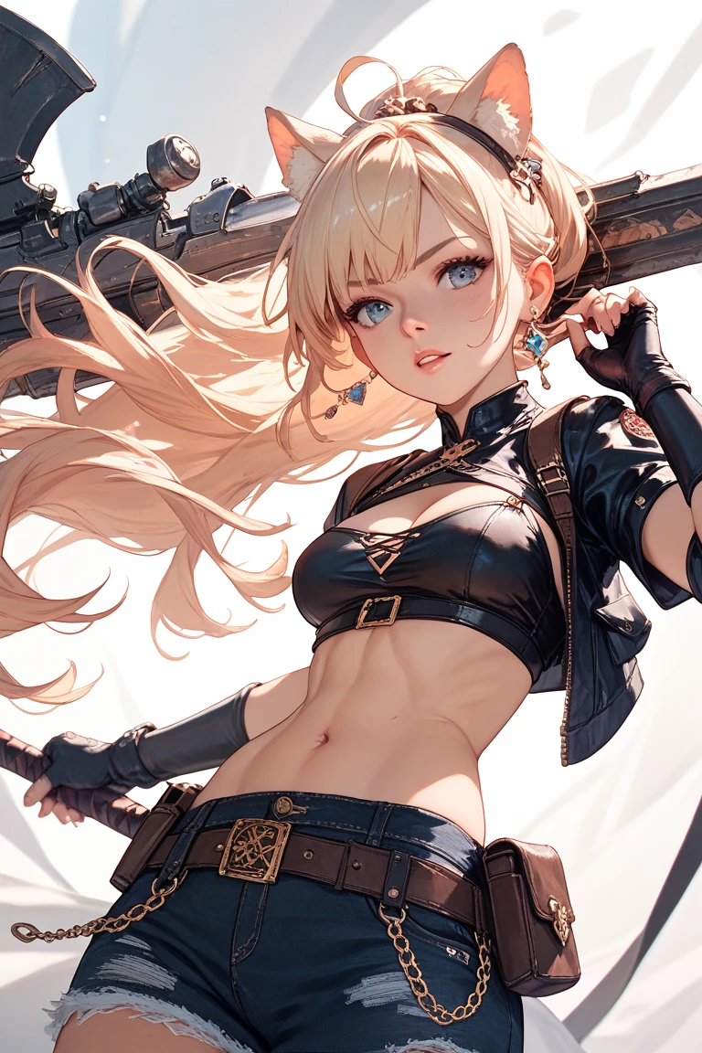 beautiful, (masterpiece:1.2), (best quality:1.2), perfect lighting, perfect eyes, perfect face, 1girl, bikini, bikini under clothes, black bikini, black choker, black gloves, black hair, black lips, black nails, black skirt, breasts, choker, cleavage, cropped jacket, cross, earrings, eyeliner, eyeshadow, fingerless gloves, gloves, hand on hip, highleg, highleg bikini, huge breasts, jacket, jewelry, lips, lipstick, long hair, makeup, microskirt, miniskirt, navel, open clothes, open jacket, red eyes, skirt, sleeves pushed up, solo, standing, striped, striped bikini, striped thighhighs, swimsuit, thighhighs, thighs, underboob