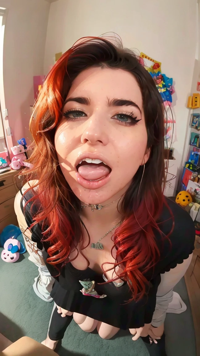 Horty a young nude girl kneeling in her room, open mouth, whole tongue out, highly detailed, photorealistic, natural lighting, beautiful eyes, beautiful lips, beautiful skin, realistic face, beautiful body, full body