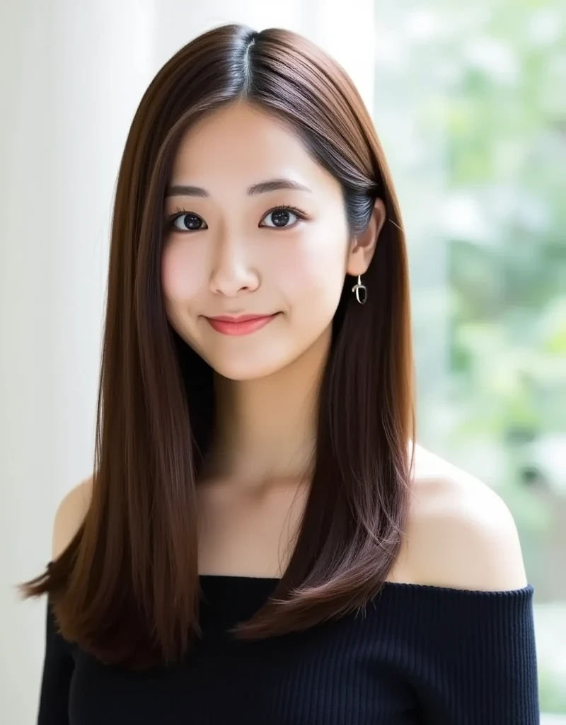 ((gaze, viewer)).((contented expression)),live action, normal, cute young girl, ((dark brown medium hair)),((off-the-shoulder outfit)), beautifully reflective eyes, beautifully detailed lips, very delicate eyes and face, long eyelashes, sensual expression, (8K HDR masterpiece), super detailed texture, Nogizaka face variation, professional photo, faint smile, {(top view)| no cartoon}. simple background, focus on face, close-up, smile, detailed expression