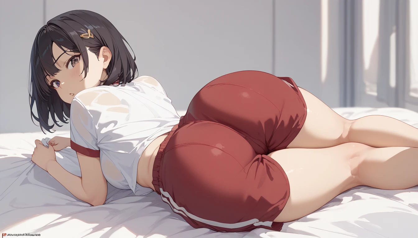 masterpiece, Highest quality, One girl, Nishikigi chisato, alone, Lie in, Ass Focus, Bloomer Fullback, Gym suit, White T-shirt, Knee socks, Huge breasts, Thin legs, View your viewers, shy, blush, Training at the gym