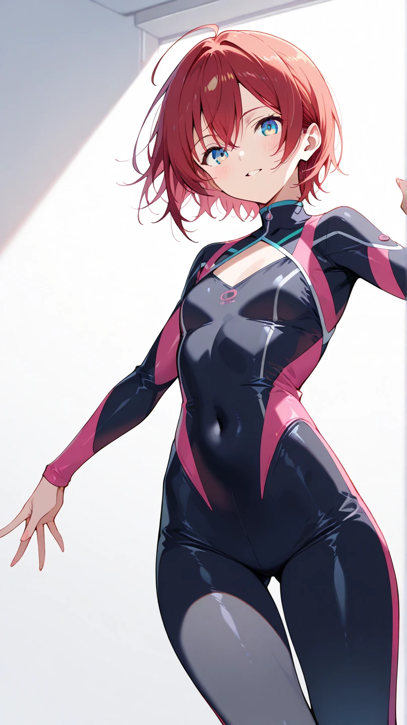 {{Dynamic composition}},{{masterpiece}}, {{{Highest quality}}},{{Very detailed}},Fitness Woman ,{{blushing with anger}},{{v-shaped eyebrows}},{{figure}},{{tall}},{{Adult female}},{{Dolphin Shorts}}, {{Open chest rash guard}} Red Hair Bob Small breasts tall Slim body Thin legs Lawn ground clavicle Décolletage