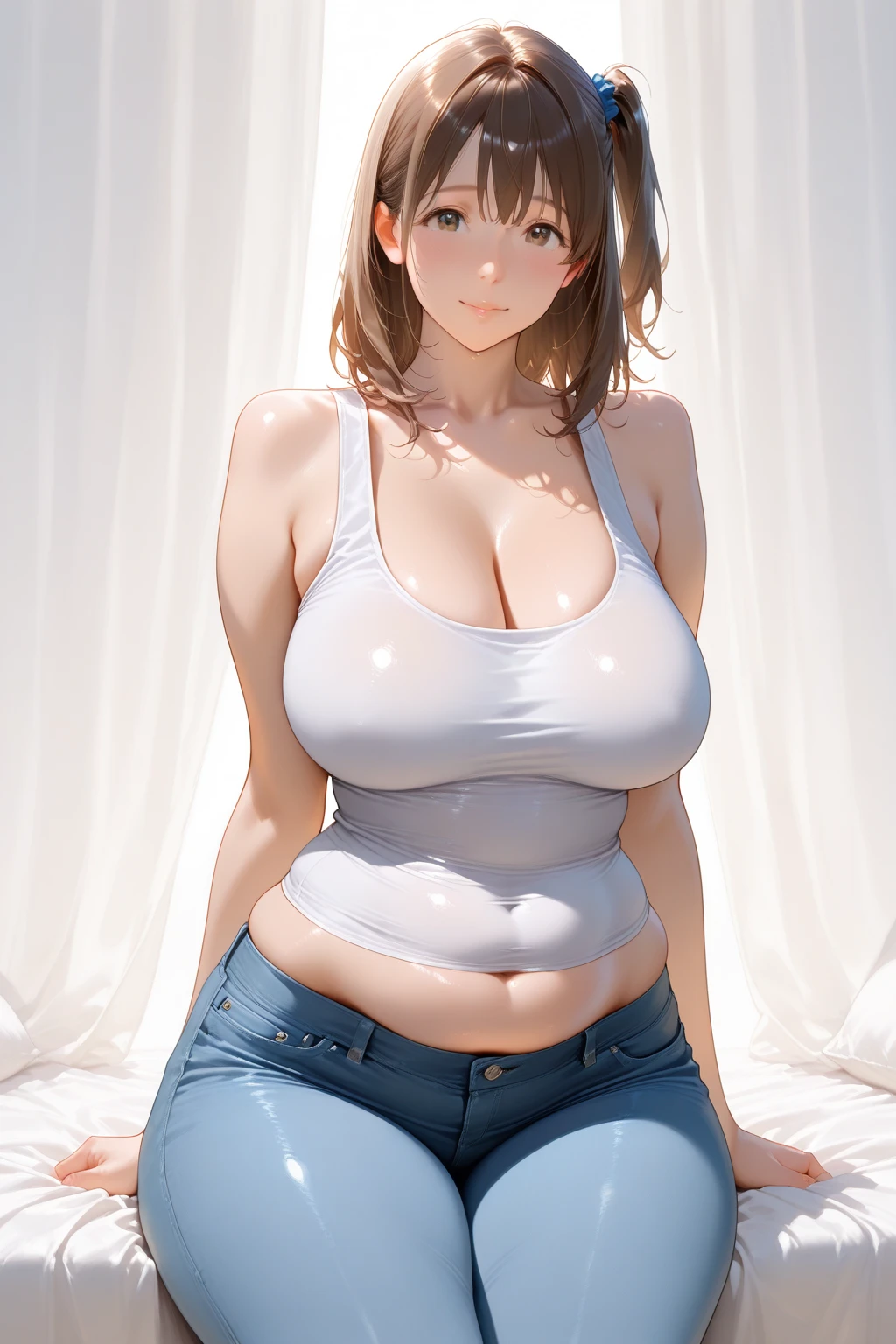 Daughter (Masterpiece:1.4), (8K, Real, Raw photo, Best Quality: 1.4), Japan person,(1 girls), Beautiful face, (Realistic face:1.4), (Caramel hair, Long hair:1.3), Beautiful hairstyle, Realistic blue eyes, Beautiful detailed eyes, (Realistic skin:1.3), Beautiful skin, Ultra high definition, Ultra realistic, Golden Ratio, (Detailed face: 1.4), (Anna Tanaka), wet tank top, Wet see-through white panties, NSFW, drenched in sweat, nipple areola shape stands out, look here, pubic shape transparent, pushed down