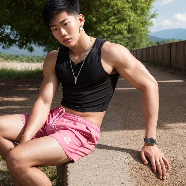‌asian man standing in the water, wearing only micro stringed pink Loincloth,a portrait by Alexey Venetsianov, shutterstock, fine art, artem, in a lake, orange hair, male model, athletic tall handsome guys, in lake, in style of kyrill kotashev, body in water, perfect and proportional body, artem chebokha