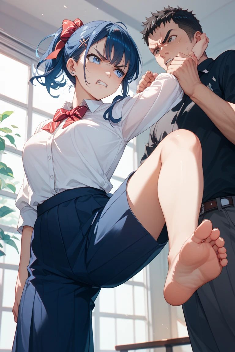 masterpiece, best quality,anime style, 1 girl,(((slender body))), (((small breast))),(((hot pants, white tanktop,red tie,glasses))),(((((a gorilla man grabbing the girl))))), ((((restrained, arms behind back)))),((((cum)))), (beautiful face), (((short hair))), (((straight hair))), ((((black hair)))),detailed beautiful skin, (perfect hands, perfect anatomy)