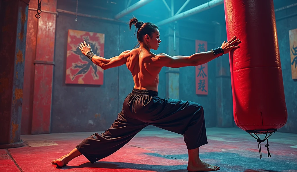 Masterpiece ,A young man returns his body, his abdominal muscles are tight. black cloth pants red sash The jumping and kicking pose, the red eyes, the red lights effect around the body, the power of the punch, the sweaty body, being on the top of the mountain, the night, the most realistic image. very detailed ,Behind it was the shadow of a demon with red eyes.,Shot with a DSLR camera, Super 35 HDR, Light according to the volumetric technique,High detail 8K