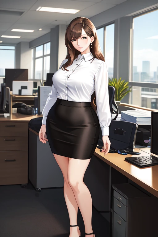 masterpiece(:1.3), best quality,超high resolution,high resolution, best quality,8K,16K,極めてdetailed,detailed,Full body image,Japanese,beauty,Model body type,Golden ratio style,Willow Waist,long, 修long双腿,Brown Wavy Hair,Women in the workplace,Business suit,Wear a black jacket,White shirt with open chest(Ultra-thin fabric),Ride well,White_panties,Brown pantyhose,Black tight skirt(long side slits),