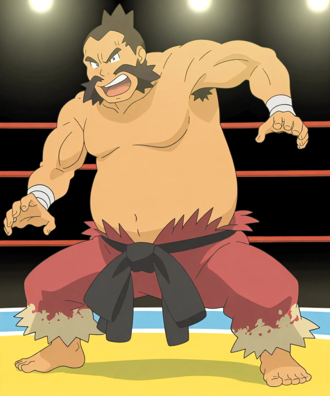 1boy,solo,bara,PokemonChuck,chubby,white loincloth, white tabi socks, standing,  hands on hip,looking at viewer, black background,arms hair, legs hair, hands hair,chest hair,haigure pose,spiral eyes,spread legs,spiral background