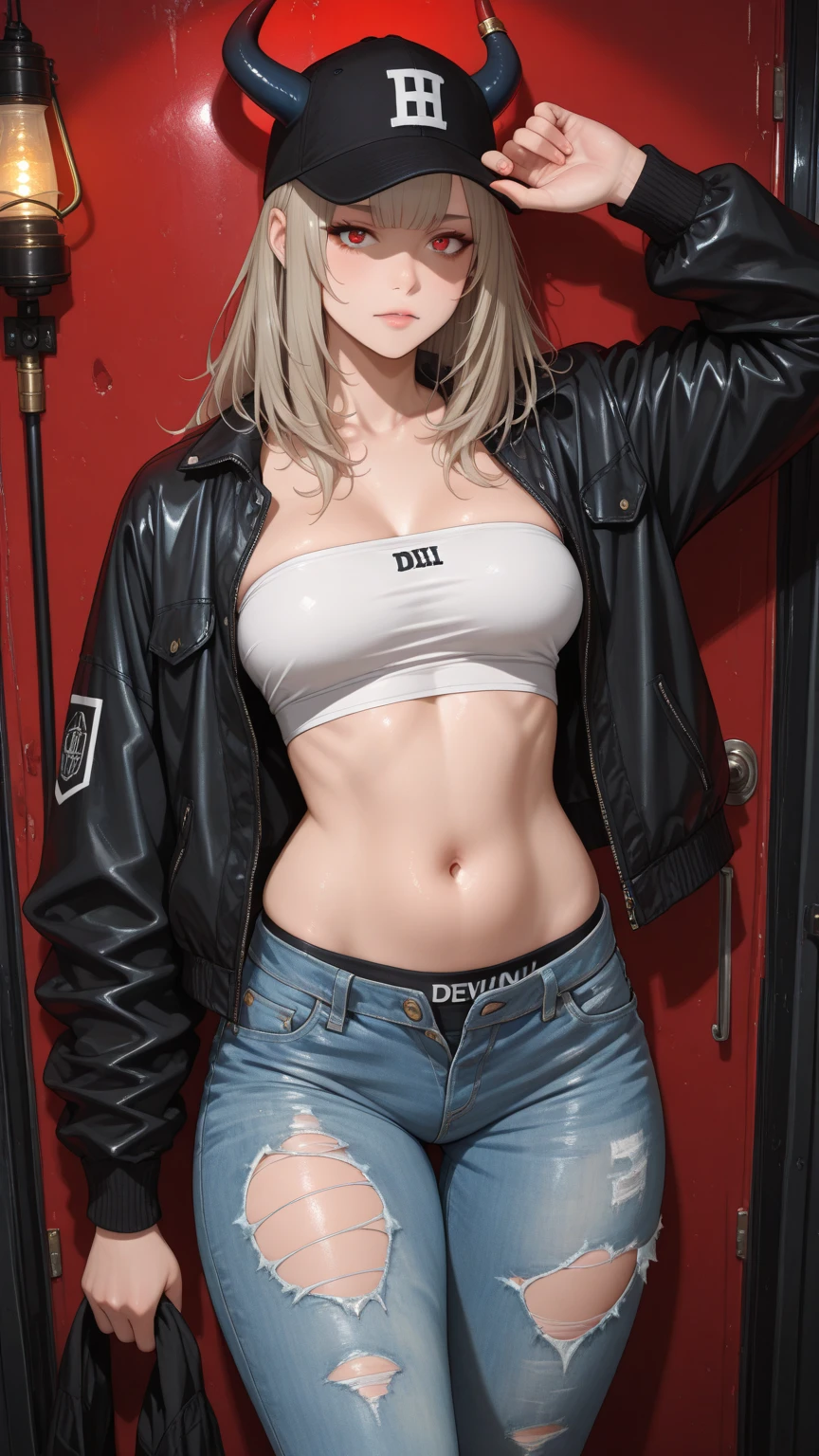 masterpiece, best quality, realistic, highly detailed, 1girl, solo, cowboy shot, preaty girl, red eyes, silver hair, short hair, glasses, thin lips, medium breats, T-shirt, skinny jeans, tomboi look, tatto,