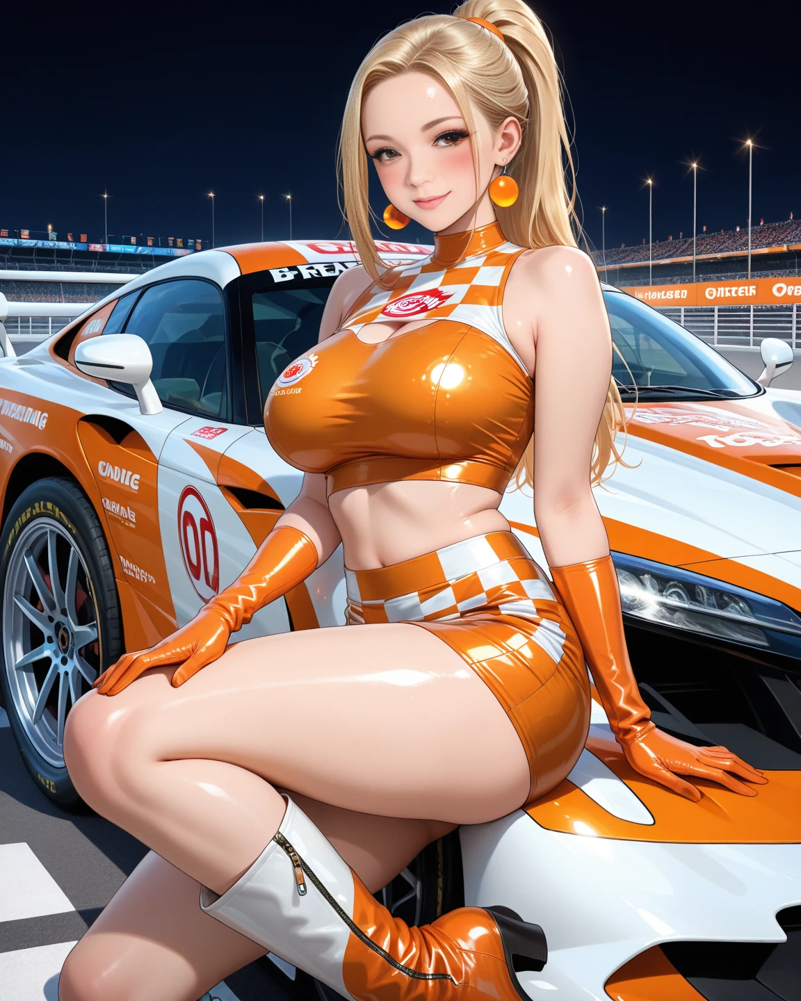 (Raw quality:1.4)、8K resolution、Ultra-high-definition CG images、Japan female racer in yellow racing suit standing in front of a blue formula car F1 キー circuit Blonde Short Hair Monaco Grand Prix Standing with arms crossed Cleavage People Shooting Portrait
