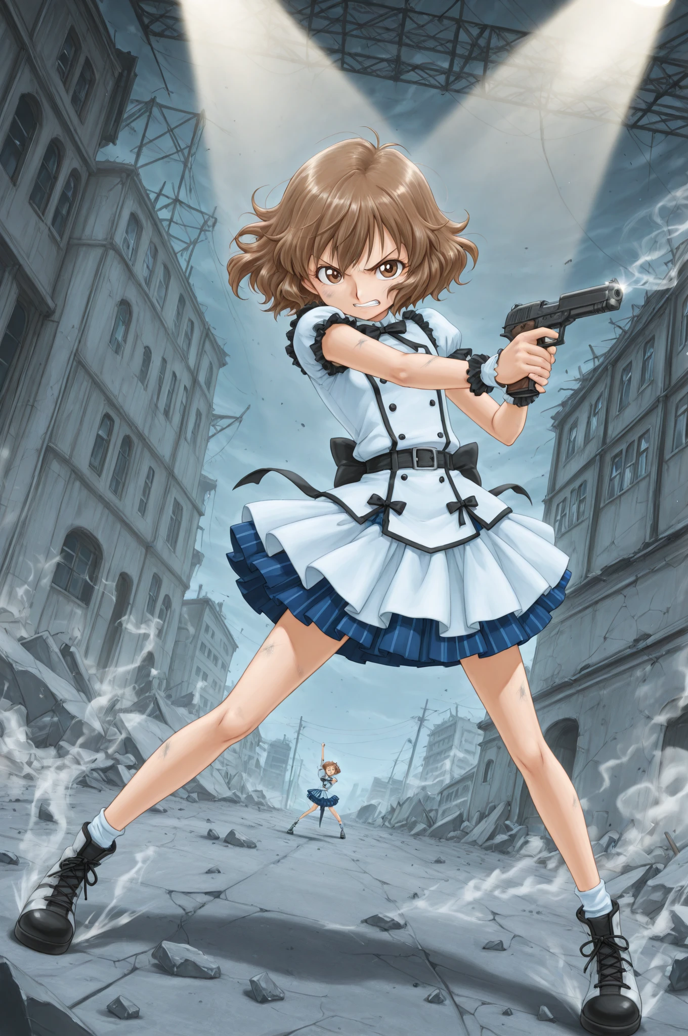 One side of the dress is torn at the chest、Dust cloud、tits、Nipples fully visible、receive damage from an attack、anime、((Battle scene in the ruins))、blush、Line art、Pencil drawing、short hair、Black Dress
