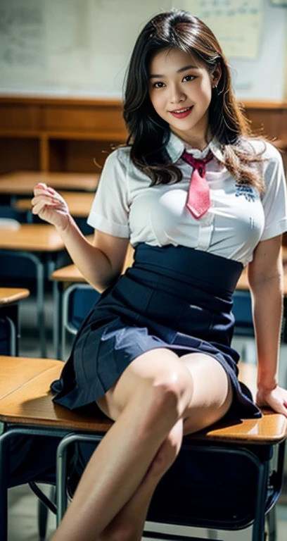 Photo of a beautiful Japanese 13 years old woman sitting on chair in class room,,after school,spread legs ,Lift up your skirt and show your panties,