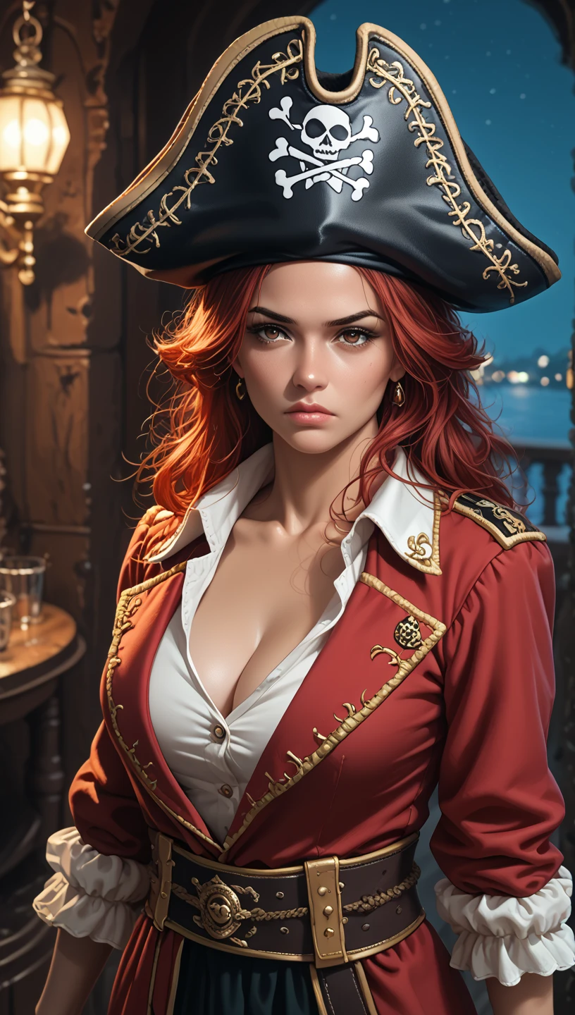 8K,(masterpiece, Interesting image of a pirate dressed in red tones、enchanting pirate..:1.3), (A captivating depiction of the perfect combination of charm and adventure..:1.2), (Carefully crafted to bring out the character's charm to the fullest..:1.2), (Attractive pirate wearing an attractive pirate costume that makes your figure stand out...:1.1), (A balance between classic pirate elements and modern sensuality..:1.1), (her confident and brave look ::、Further enhance her mysterious charm..:1.1), (Also pay attention to the set contents...., From low necks to luxury accessories..:1.1), (The background captures the essence of the pirate world.., Packed with treasures and adventure tips:1.1), (While embracing sensuality..、 depiction, interest and adventure.:1.1), (A mix of attractive aesthetics and piracy 、Create visually appealing elements:1.1), (This image or viewer、Imagine the stories and adventures of this charming pirate character。..:1.1), (A work of art that celebrates both imagination and charm in a vibrant and captivating way..:1.1), (魅力的な公海の魅力とenchanting pirateの世界への状..:1.1)), movie, super detailed, insane details, beautiful gradation color, Every time , Hypersite, megapixel,anti-aliasing, nffsw, NBTC's.., EGAT.., s., post-processed, post production, tone mapping, ....CGI, VFX, special effects, detailed and complex, Hyper Maxim, wonderful, Volume measurement, realistic portrait, Super photorealistic, super detailed, intricate details, wonderful detailed, full color, Volume measurement lightning, EGAT.., realistic, unreal engine, 11, sharp focus, octane render,dynamic pose,smile,