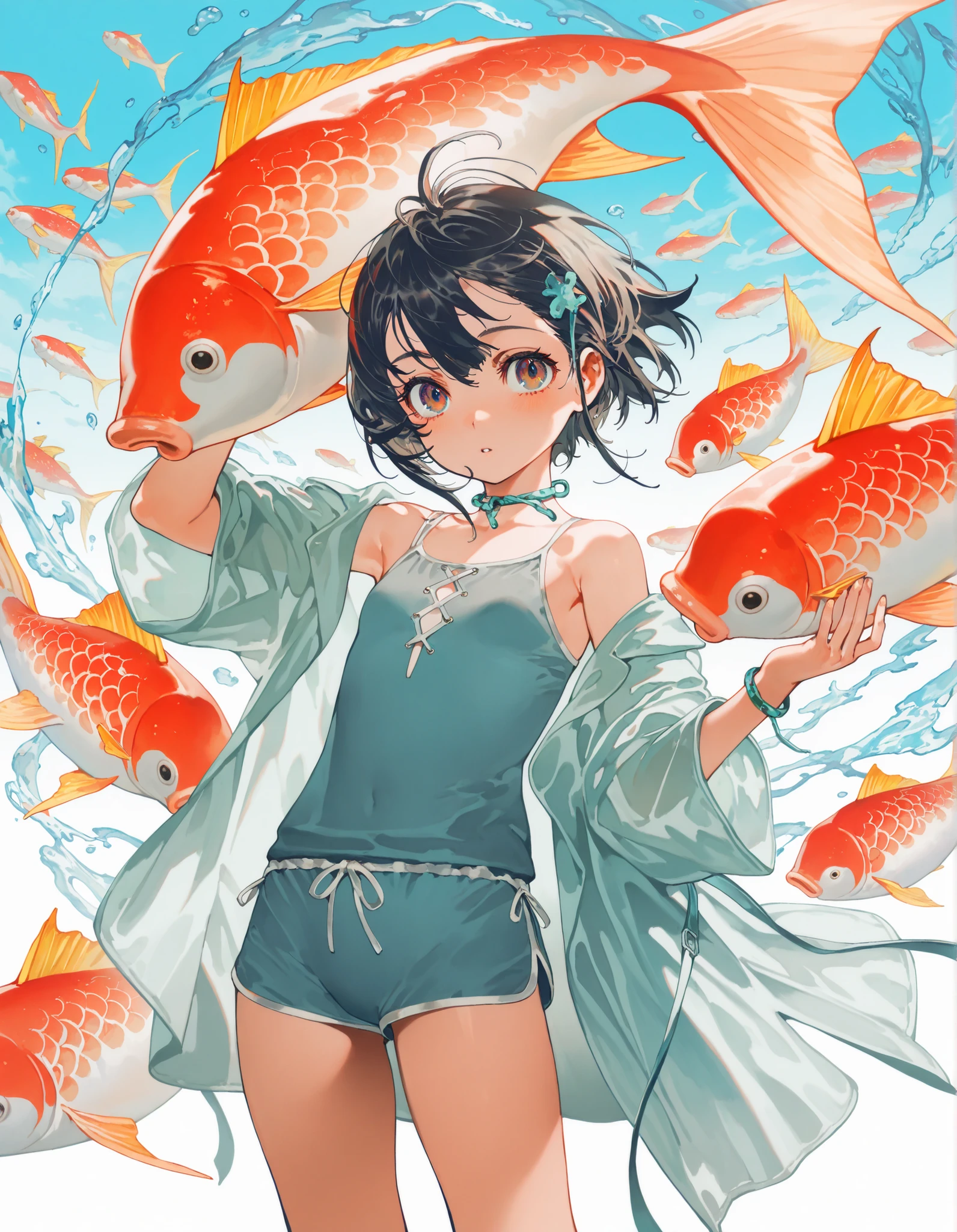 ((Master masterpiece)), ((Top image quality)), illustratio, The girls1Guys, Hair color, Bangs, Hairstyle Fax,Cat's ears、 Portrait from the waist up, slender、constricted hips、((Beautiful breasts))、Maiden、((Wet clothes))、She is swimming with fish in the sea、Octopus tentacles intertwined with her body、Colorful tropical fish、The corals、Scuba