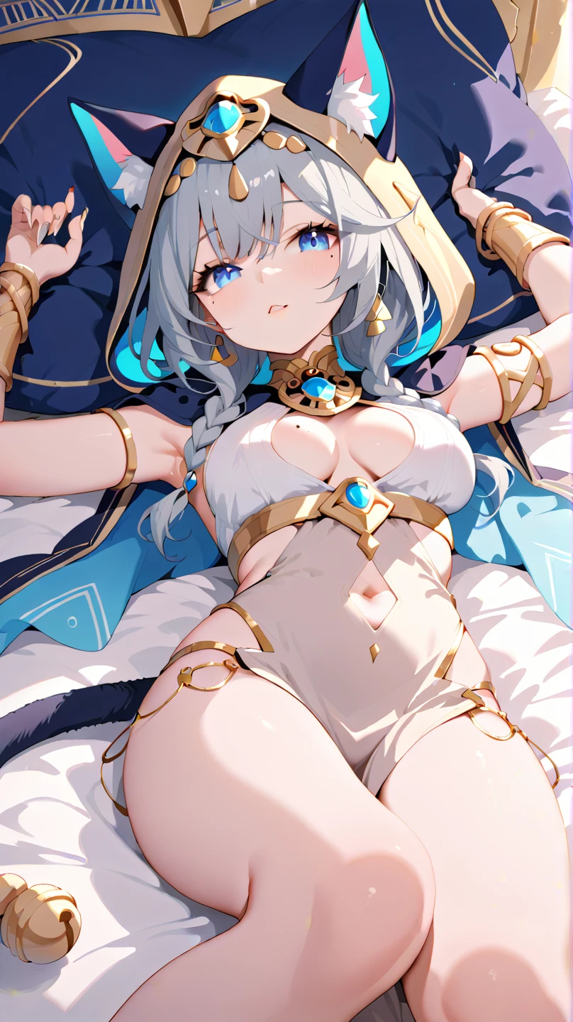 masterpiece, best quality, ultra-detailed, 1girl, solo, mejiro ardan \(umamusume)\, 18yo, beautiful face, beautiful hair, (((lovely big eyes))),(((cute smile, happy)), (((saggy huge breasts:))), ((hanging breasts)), (((erect nipples))), ((puffy nipples)), (((large areolae,)), (((breasts apart))), ((nipples piecing)), (((slim body))), (big ass), looking at viewer, (curvy:1.1), (groin), (((pasties:1.3))), (neck ring), ((armlet)), (bracelet), (thighlet:1.2), (white veil:1.2), (hair ornament:1.1), (((navel piercing))), (chain:1.1), (gold:1.3), (gold trim:1.2), rose, sweat, spread legs, sitting, arm up, ((full body)), ((anklet)), barefoot, on bed