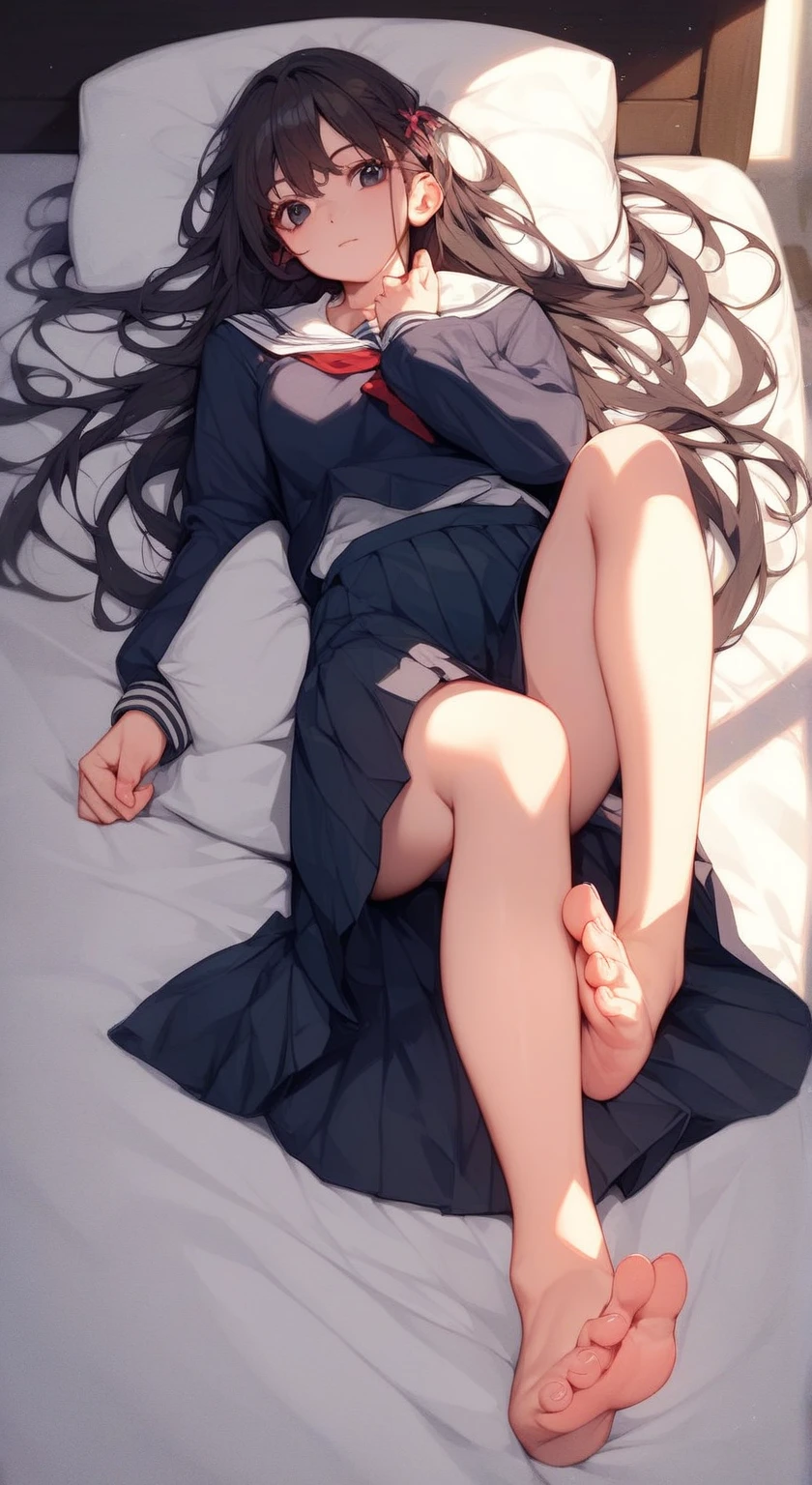 superfine illustration, Perfect Anatomy, Best Quality, Hires, amazing shading, Beautiful skin, 1 little girl, nose blush, Saliva, Ecstasy, Close eyes, ,School Uniforms , Barefoot, Full body, SEX, Yor, touches crotch, (Rubbing the crotch with your hands:1.2), In the bedroom, laying down on the bed:1.5, suggestive pose、(lying back:1.8)、flat chest:1.2