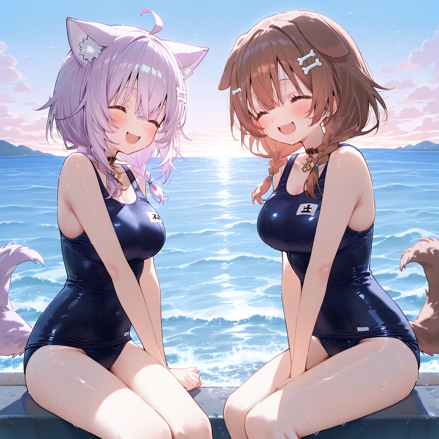 1 mujer, , obra maestra, La mejor calidad, anime, ojos altamente detallados,Cara altamente detallada, perfect ilumination, Disparo de vaquero, 1girl,in the bath,lugar:浴室, solamente, Korone, Inugami Korone, hololive, Youtuber Virtual, brown eyes, brown hair, orejas de perro, Cola de perro, Dog girl, trenza baja, trenzas gemelas, adorno para el cabello,en ropa interior,brazier,Panties with design and a bow,bragas cin lazo,Black swimsuit, They are smiling,