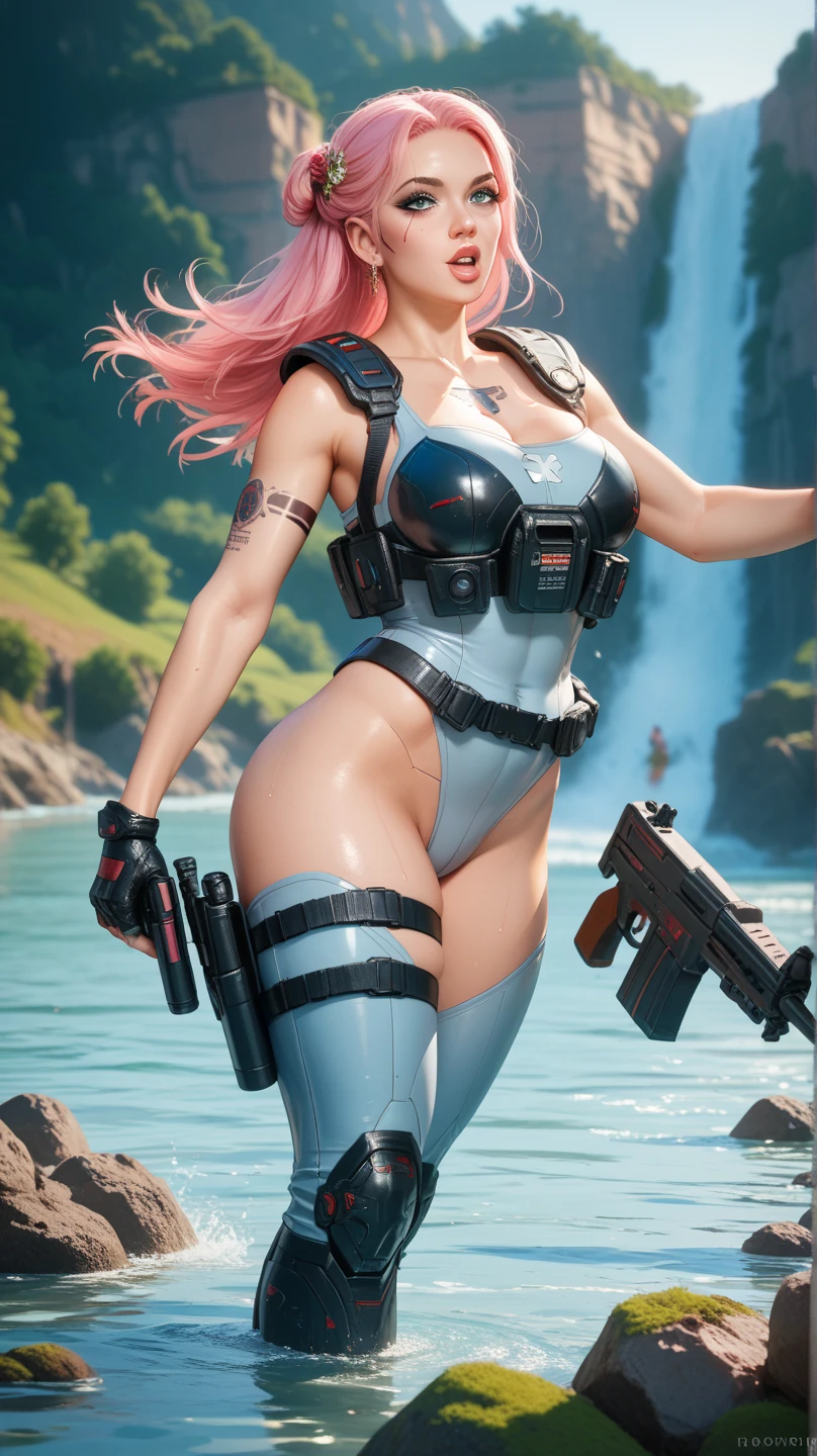 Highest image quality, outstanding details, Ultra high resolution, (Realism: 1.4), best illustration, I prefer details, very tight 1 girl, with a gentle and beautiful face, naked , beautiful breasts, no bra, wearing high-waisted latex tight shorts, view from below, square hairstyle, holding a gun, walking on the road, background - high-tech light scene of the city of the future.