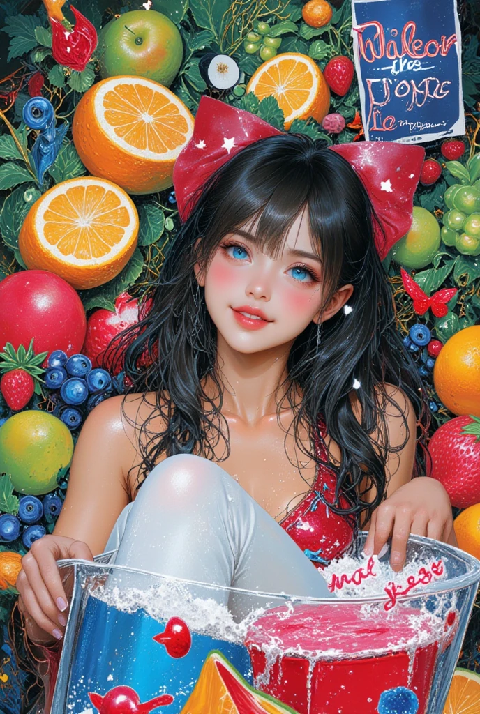 Cute girl, big bright and cute eyes, watermelon and strawberry in detail, bright eyes