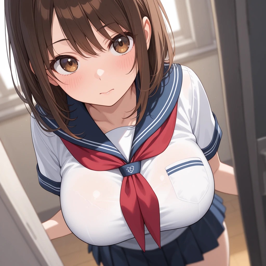 (8k, RAW photo, best quality, masterpiece, soft cinematic lighting, soft color:1.4),(ceiling, iook at camera,under  focus:1.5), (realistic), (indoor background), (solo, mature woman,19years old:1.3), (sailor uniform,underboob:1.3), (embarrassed,red Cheeks:1.2),  chignon bronze color hair, clean skin, (smaller butt:0.9),(huge long wide heavy breasts:1.3), (thick, curvy:1.3),(very skinny:1.3)
