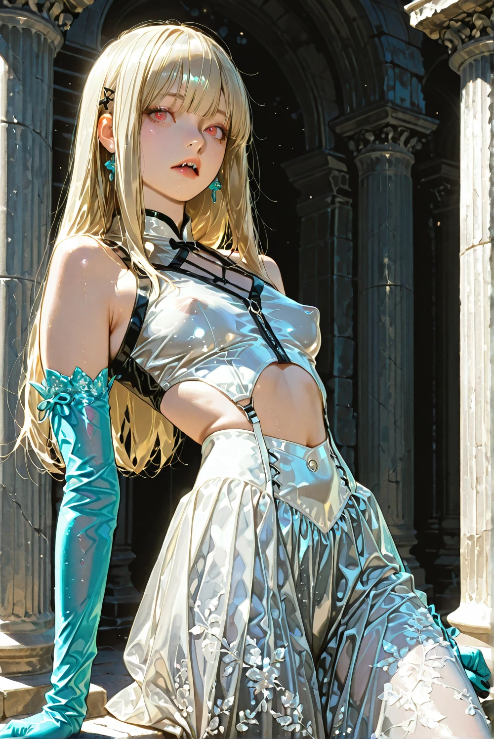 (ultra realistic,32k,RAW photo:1.1),(high detailed skin:1.1), 8k uhd, dslr, high quality, film grain, (makeup, mascara:1.1), lips,(thick\lips\), 
(shiny glossy translucent clothing:1.1), shian,official clothes,braid,bow,twintails,long hair,blonde hair,gloves,thighhighs, huge breast, (upper body:1.1),
(looking at viewer, sitting, from above:1.1),,
 (busty:1.1) ,  (chubby:0.1),(glowwave:1.2), dark theme blank background