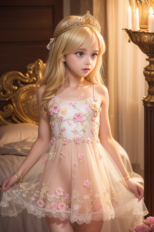 beautiful little 11 years old Russian girl, long blonde hair, blue eyes, tiny transparent pink flower dress, having sex with an older man on a sofa at a birthday party, touching her breasts.