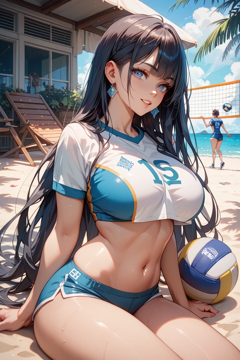 (Sweat, White skin:1.5、Light gray sports bra, ), cameltoe, Fitness, , ((Beach volleyball swimsuit)),Big Breasts, Sturdy body、((Big Eyes in Anime))