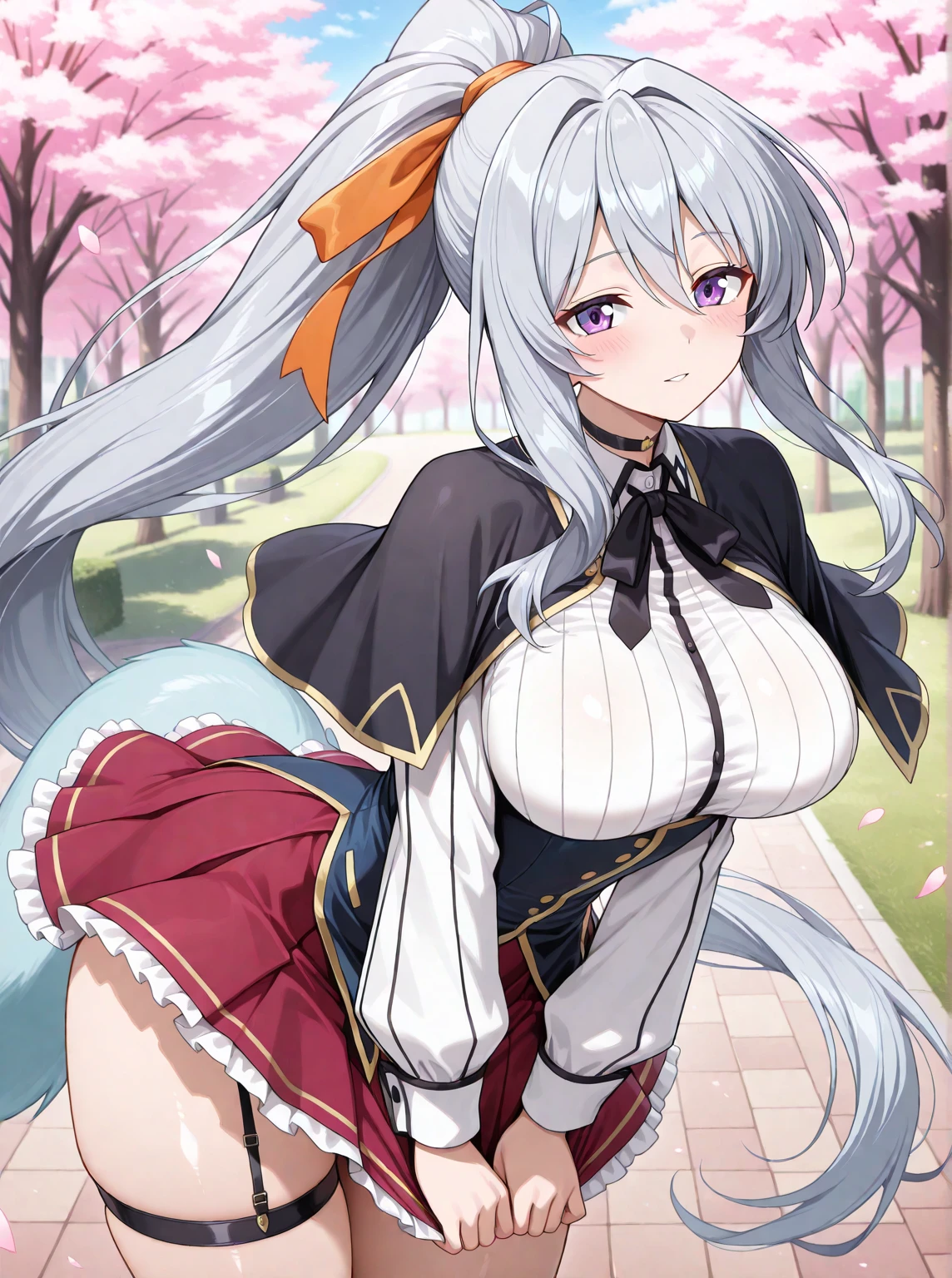 1girl, solo, cowboy shot, :o, emilia, white dress, cleavage, pleated skirt, wide sleeves, white thighhighs, hair flower, purple ribbon, white skirt, (low-tied long hair), (snowy forest),seductive face,,show tits,show