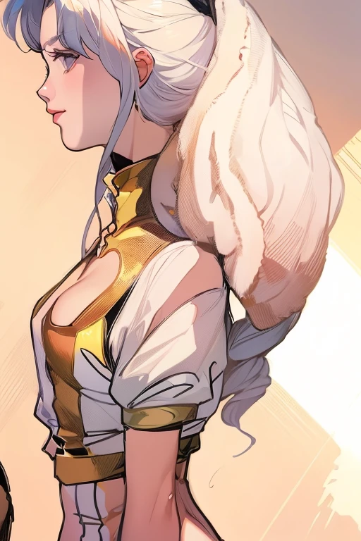 best quality, masterpiece,white hair, gold eyes,white clothes, looking up, upper body,hair strand,Fair skin,side braids,large breasts