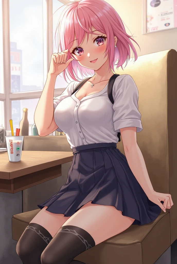 Make a girl with pink hair, with a pink sleeveless sweater, with pink miniskirt, with white stockings, pink shoes. Sitting drawing next to a table