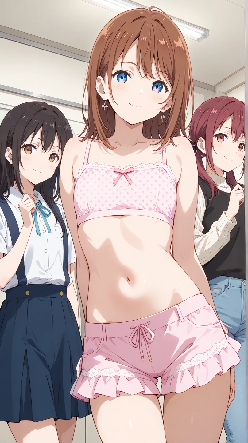 
One girl with black bob hair、Panties with strawberry pattern、strawberry pattern bra、Sexual violence、Standing posture、train、Molester、Shyness、Crying face、resistance、fear