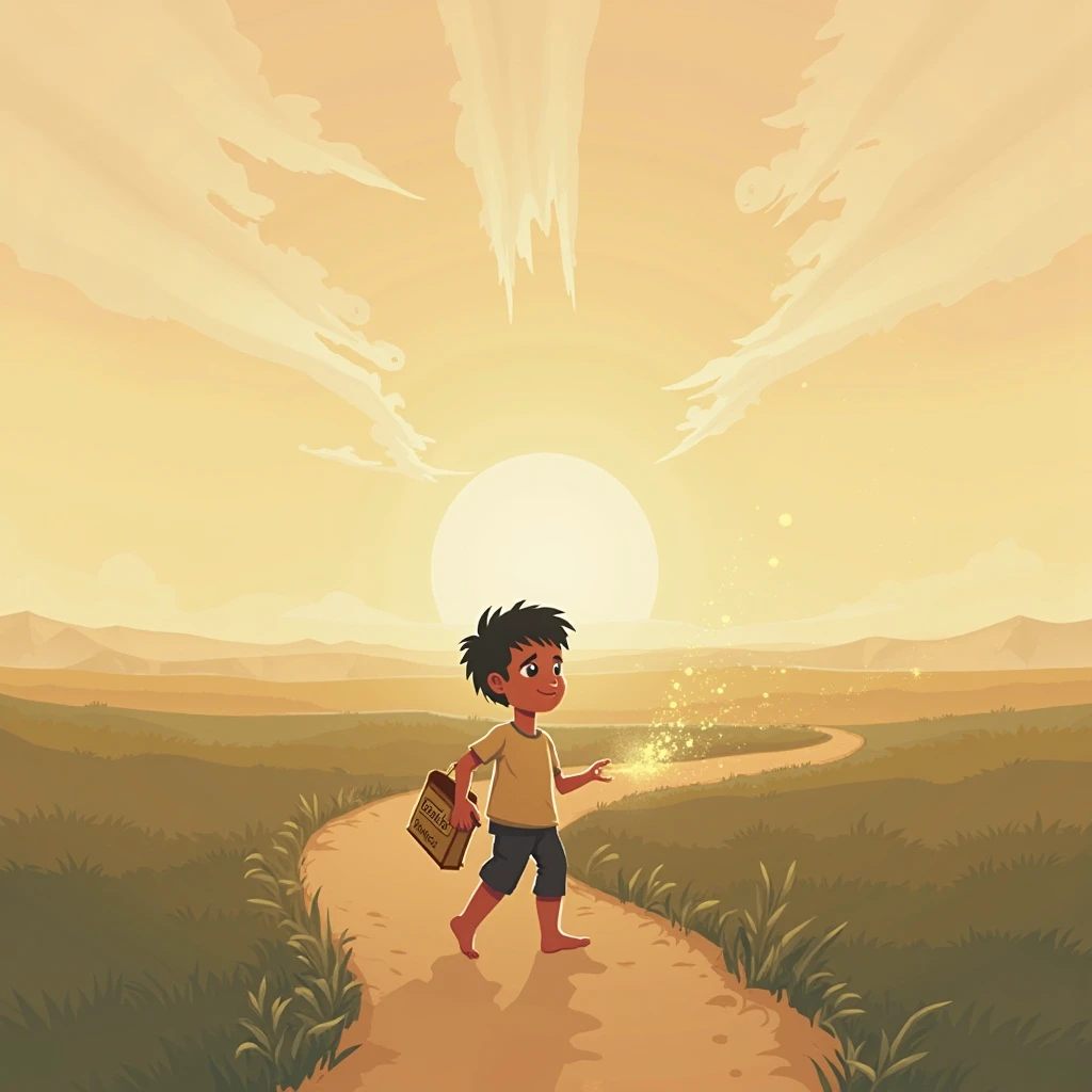 Ravi’s Simple man: A scene showing Ravi, a modest, simple boy, working in a small town with serene countryside surroundings, depicting his peaceful yet humble lifestyle.