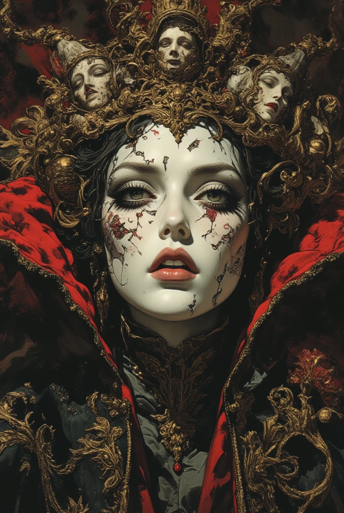 A ghost crying red tears, gothic rococo fashion, white and gold, rococo underworld, terror horror art style