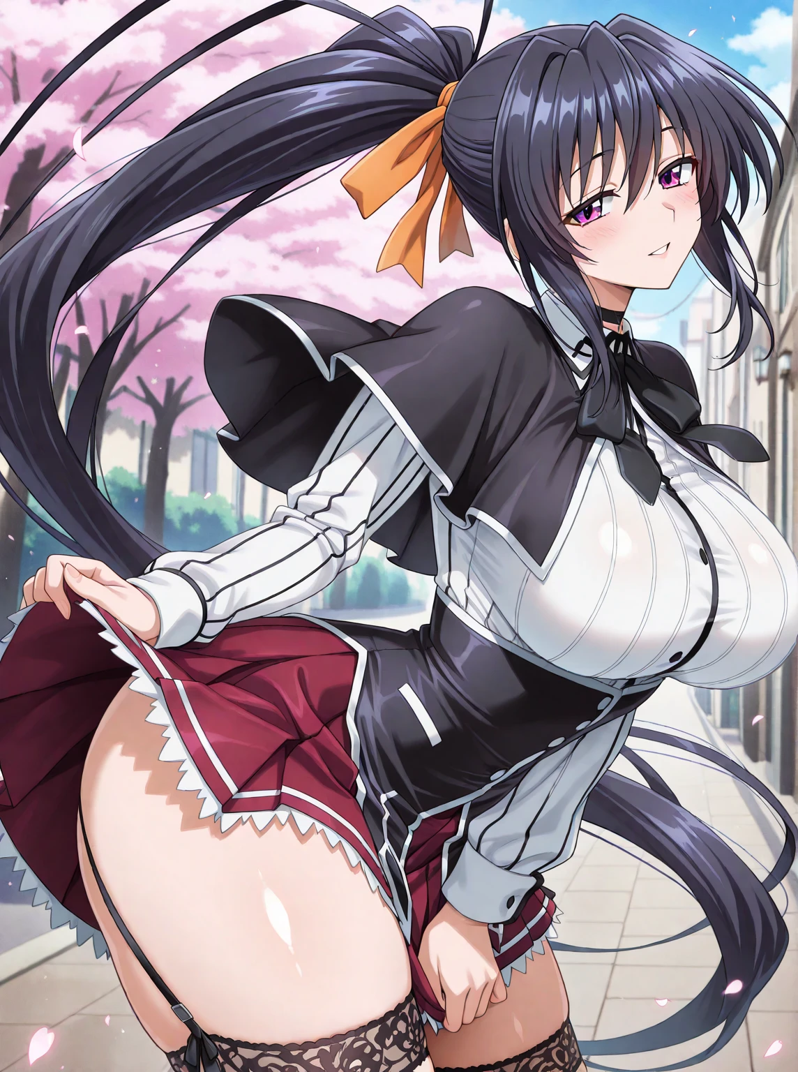 best quality, masterpiece, 1girl, (solo:1.1), raytracing, ultra detailed,detailed face, 8k wallpaper, wide hips, smile, HimejimaAkenoNDV, 1girl, black hair, large breasts, very long hair, purple eyes, red skirt, , shirt, corset, ponytail, hair ribbon, ribbon, outdoor, black panties, BREAK, ( ((view back:1.2)), ((From bottom :1.2) ) rest standing on a long, elegant staircase,