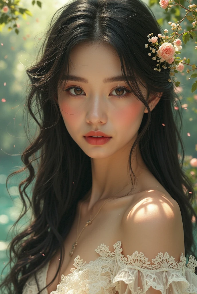 High quality work,Realistic works,Extremely premium graphics,8K HD working,High quality graphics,High-resolution and meticulous work,10x pixels,Very detailed details:1.1,Advanced technical details:1.1Realistic photo effects,light effectภายใน:1.5,Soft, natural light:1.5. light effect(light effectเสมือนจริง:1.8),Ultra high resolution,shining dress,long shiny hair,silver hair,seductive smile,Transparent Hair,Highly detailed hair(Quality hair details:1.1)clear eyes,Double eyelids look good.,Sharp eye makeup, Create beautiful eyelashes., Thin eyebrows, Highly detailed eyes,high nose, cute red lips, rosy cheeks, With delicate makeup on her face , beautiful face, The face shape is perfectly proportioned.,(Advanced facial details:1.1) nsfw masterpiece photography that captures the essence of a dream experienced by a stunning Caucasian woman., A perfectly detailed face., realistic pores, sharp eyes, (Slippery nipples), Exposed underwear, bridal flower crown,She was shrouded in smoke that transformed into surreal butterflies around her., in a dream, She finds herself in a magical landscape filled with bright colors and surreal elements., The atmosphere is dreamy and ethereal., with soft lighting illuminating the scene, Young women are seen as confident and glowing., Surrounded by symbols of her inspiration and inner strength., The overall mood of the image should create a sense of wonder., empowerment, and limitless possibilities, Complex lighting, Rim lights, (wind:1.3), ,professional pose,women's artwork,Full body dress ,realism,Amazing cleavage,Today my eyes are very bright.,